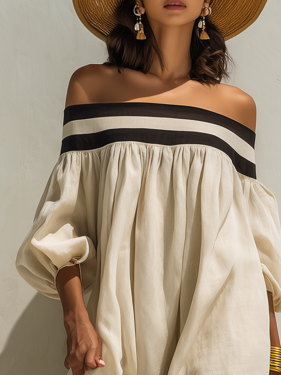 Maxi Dress with Colour Blocking and Off-the-Shoulder Neckline