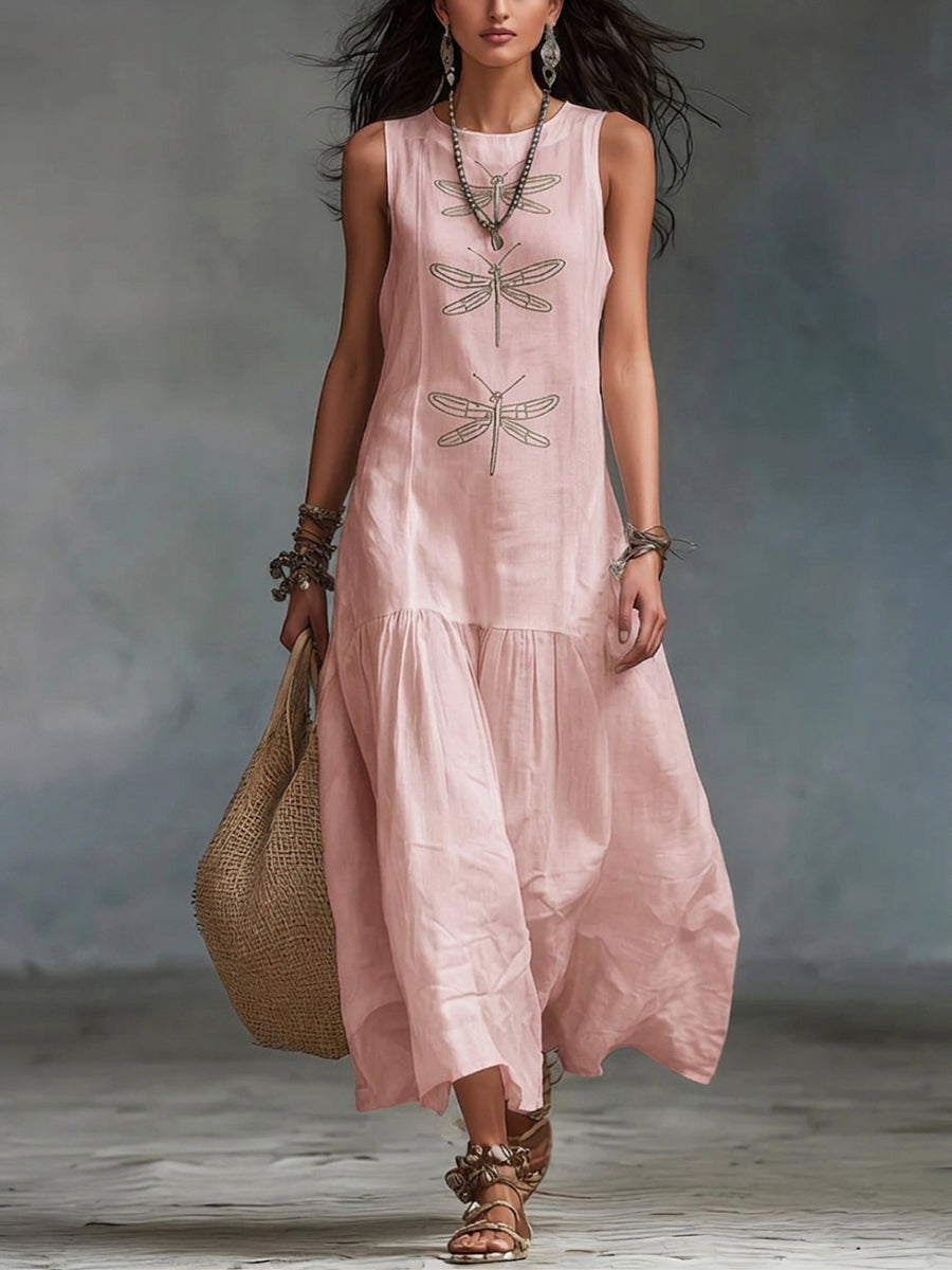 Maxi Dress with Dragonfly Embroidery and Sleeveless Cut for Women