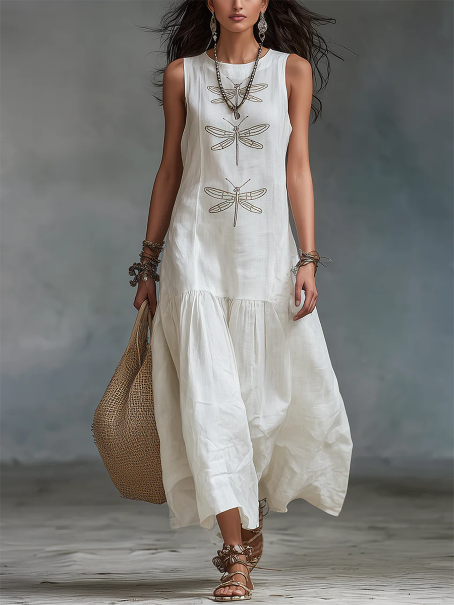 Maxi Dress with Dragonfly Embroidery and Sleeveless Cut for Women