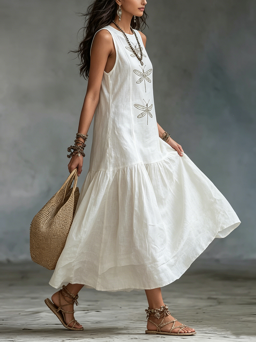 Maxi Dress with Dragonfly Embroidery and Sleeveless Cut for Women
