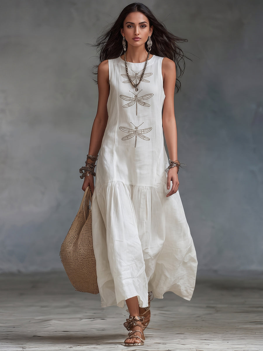 Maxi Dress with Dragonfly Embroidery and Sleeveless Cut for Women