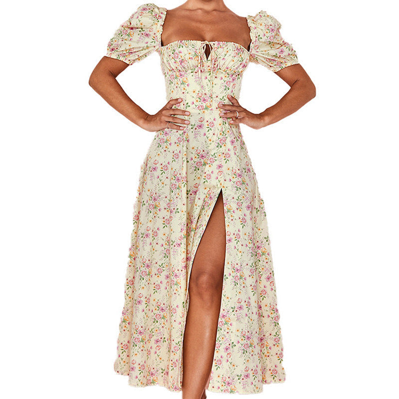 Maxi Dress with Floral Print and Puff Sleeves for Women