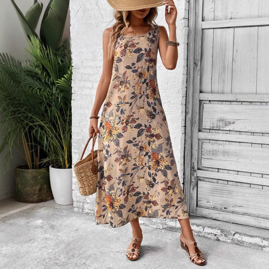 Maxi Dress with Floral Print and Sleeveless Cut for Women