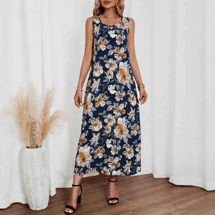 Maxi Dress with Floral Print and Sleeveless Cut for Women