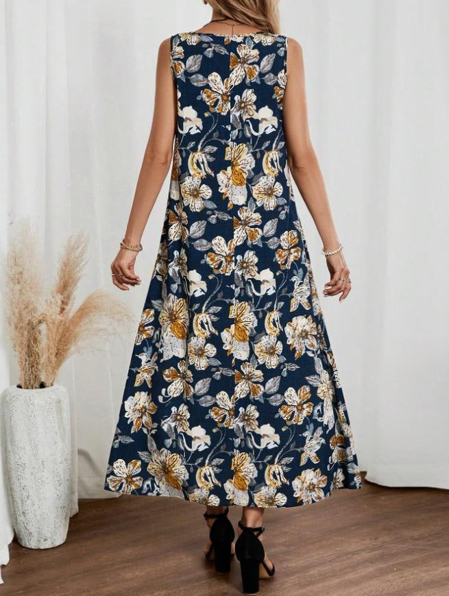Maxi Dress with Floral Print and Sleeveless Cut for Women