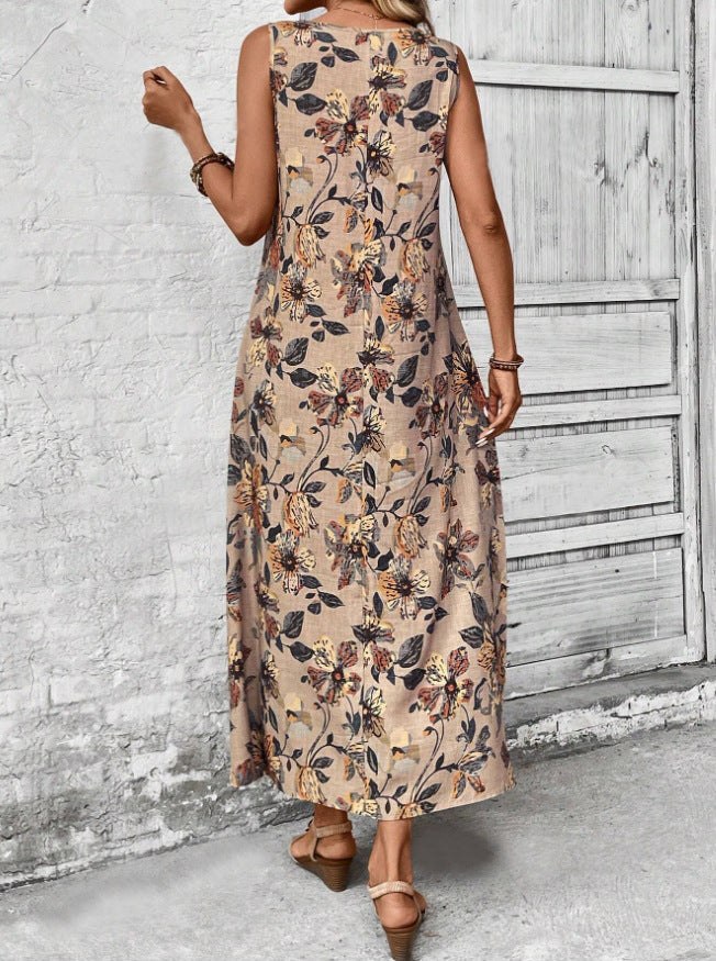 Maxi Dress with Floral Print and Sleeveless Cut for Women
