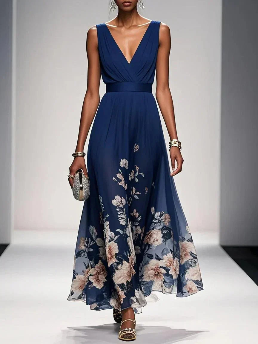 Maxi Dress with Floral Print and V-Neck and A-Line Cut for Women