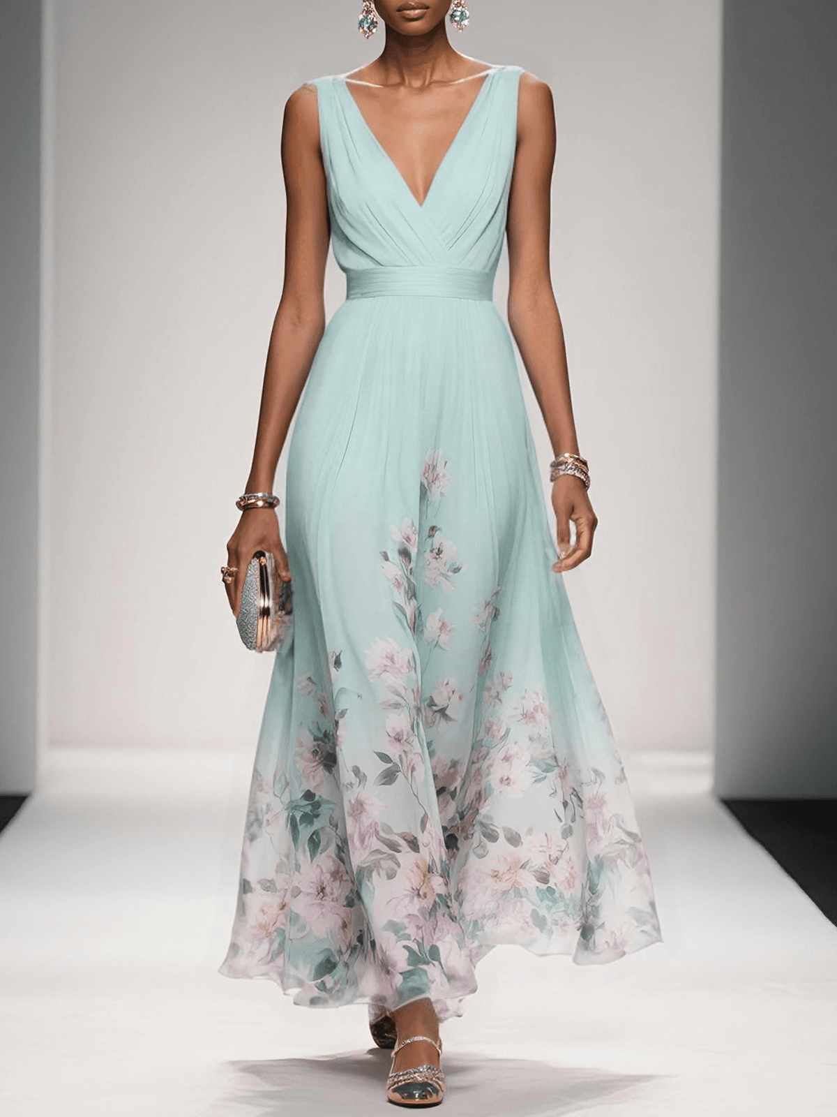 Maxi Dress with Floral Print and V-Neck and A-Line Cut for Women