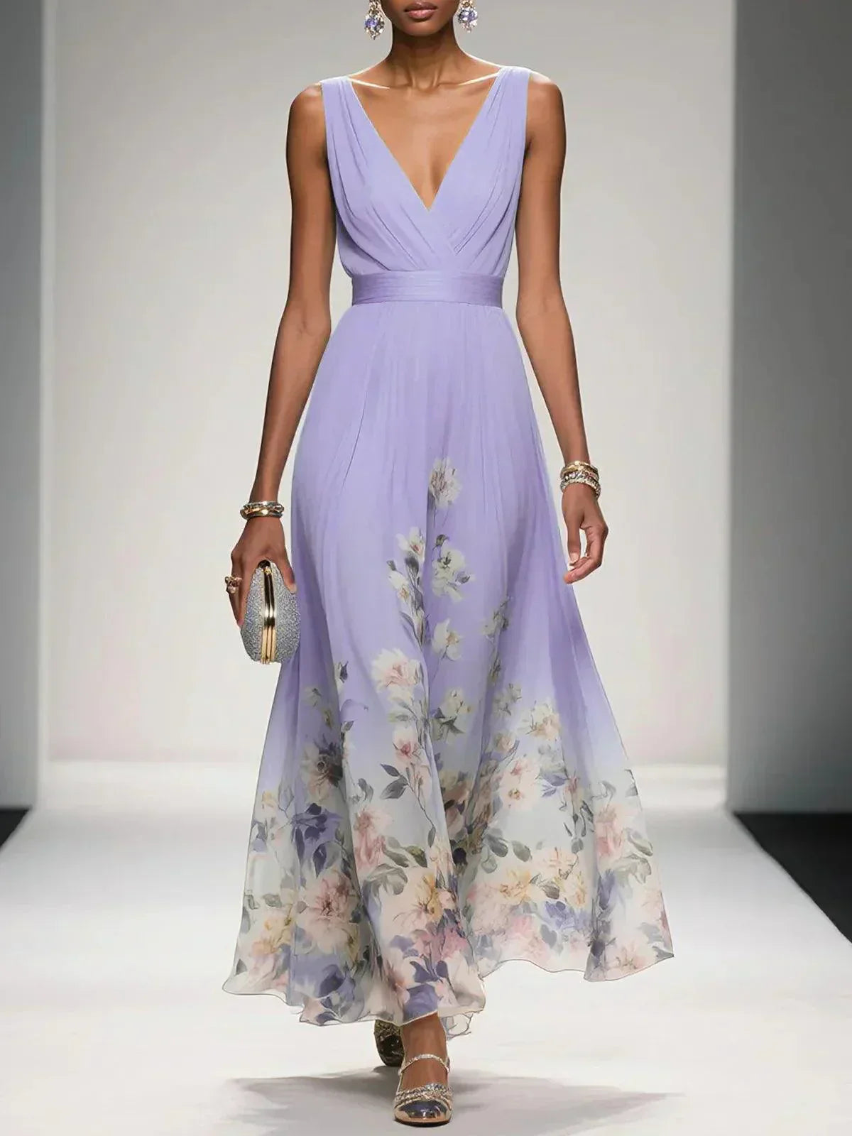 Maxi Dress with Floral Print and V-Neck and A-Line Cut for Women