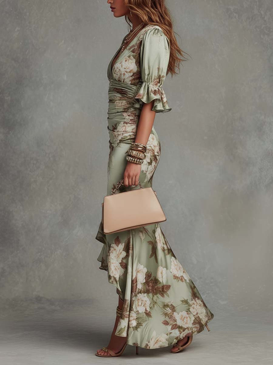 Maxi Dress with Floral Print, Ruched Waist and Fishtail Hem