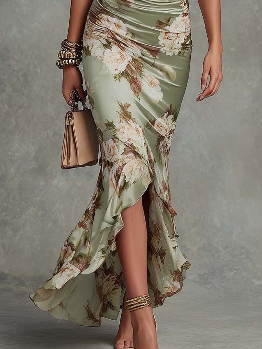 Maxi Dress with Floral Print, Ruched Waist and Fishtail Hem