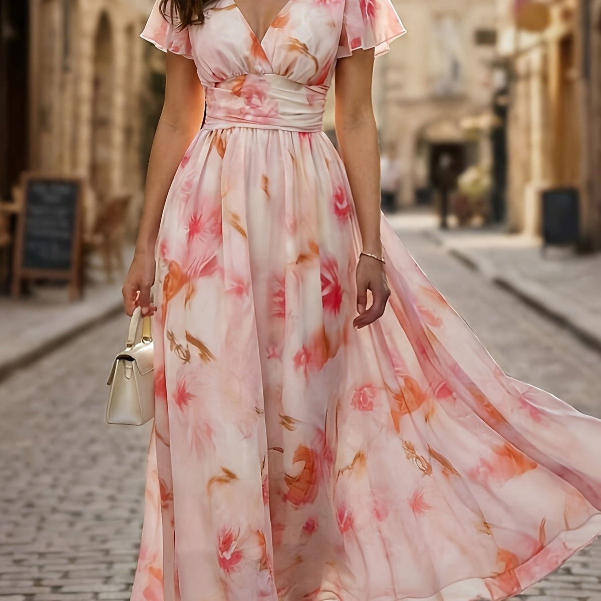 Maxi Dress with Floral Print, V-Neck and Flutter Sleeves