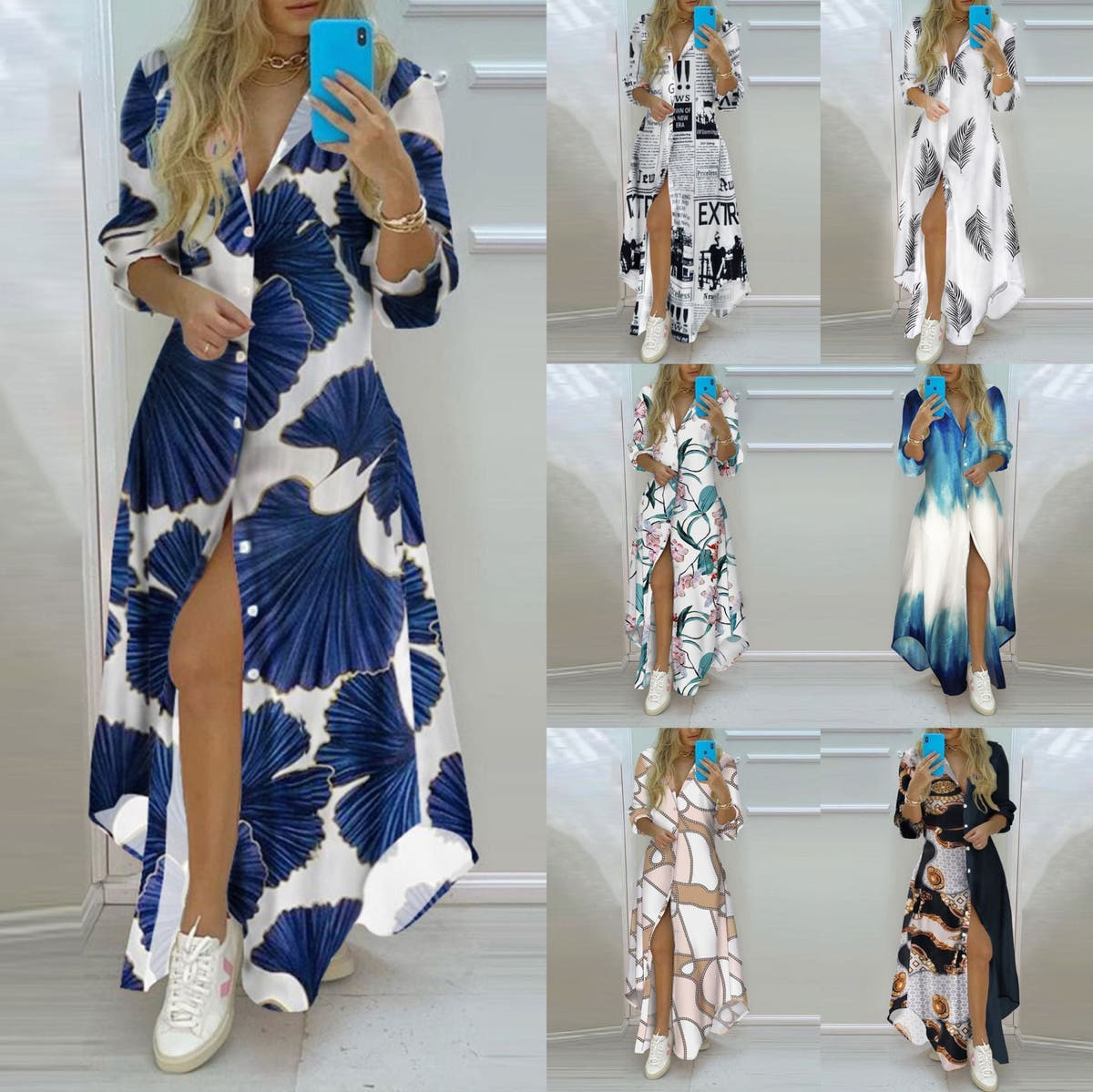 Maxi Dress with Geometric Print and V-Neck for Women