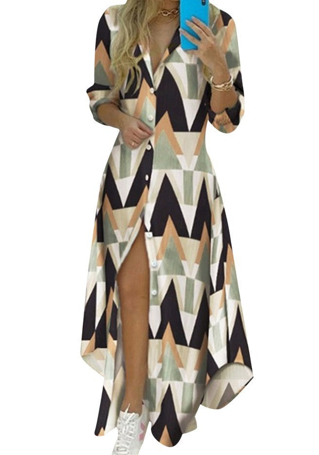 Maxi Dress with Geometric Print and V-Neck for Women