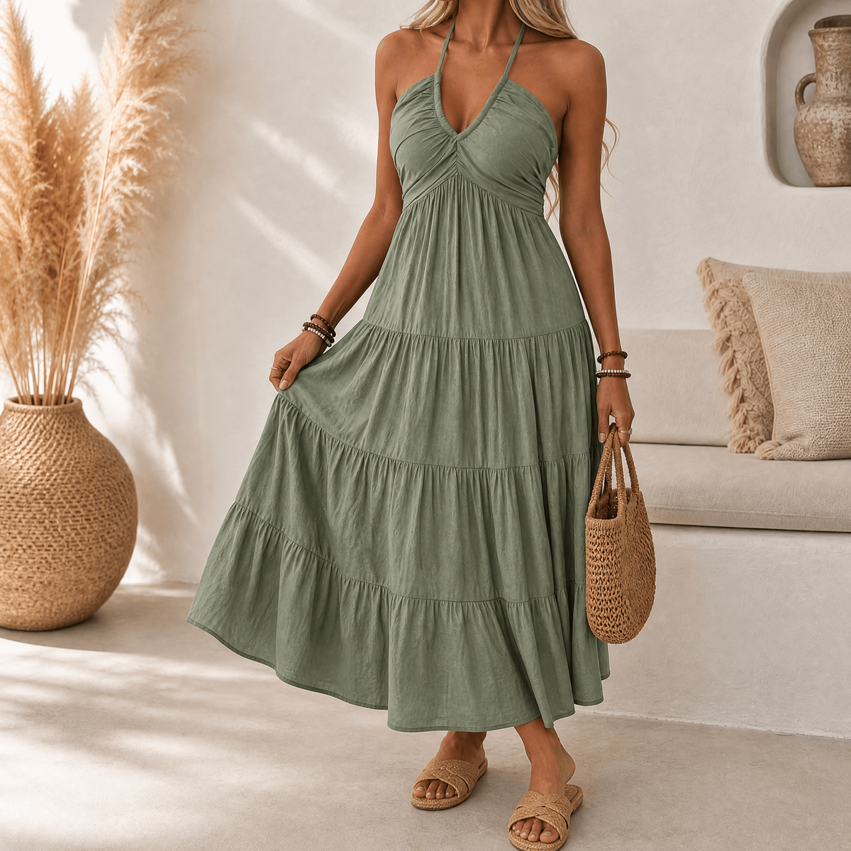 Maxi Dress with Halter Neck and Tiered Design for Women