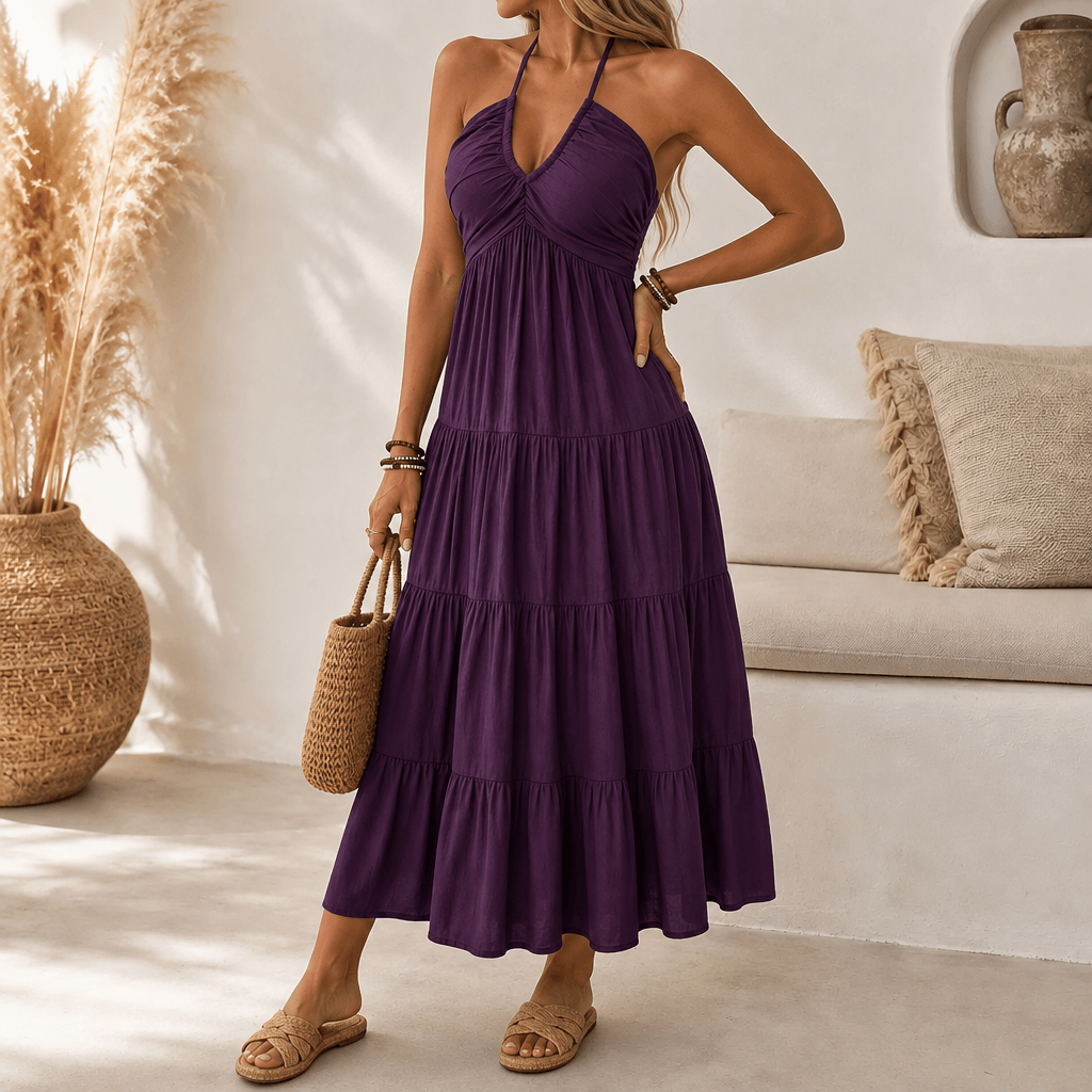 Maxi Dress with Halter Neck and Tiered Design for Women