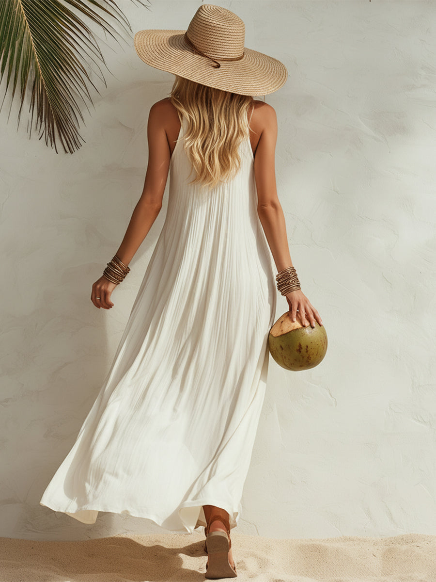 Maxi Dress with Pleats and a Sleeveless Cut