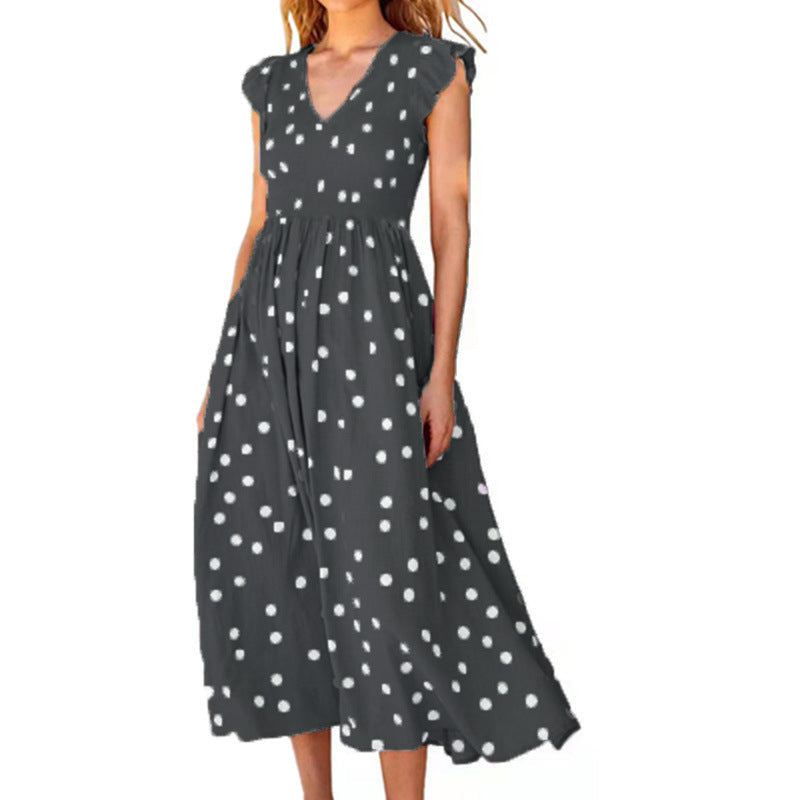 Maxi Dress with Polka Dots and V-Neck for Women