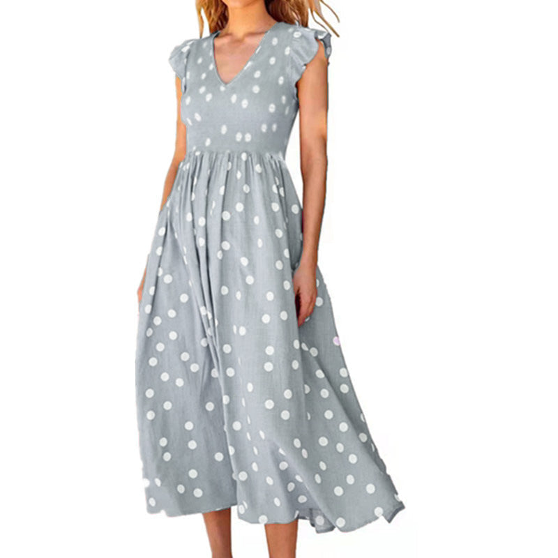 Maxi Dress with Polka Dots and V-Neck for Women