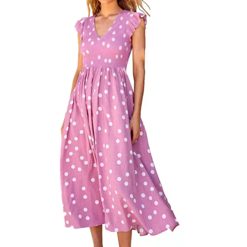 Maxi Dress with Polka Dots and V-Neck for Women