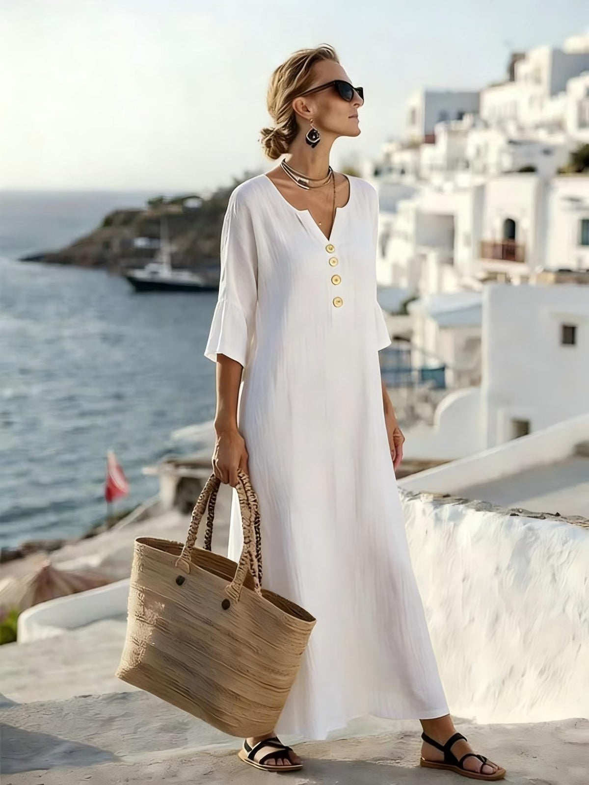 Maxi Dress with Relaxed Fit and 3/4 Sleeves for Women
