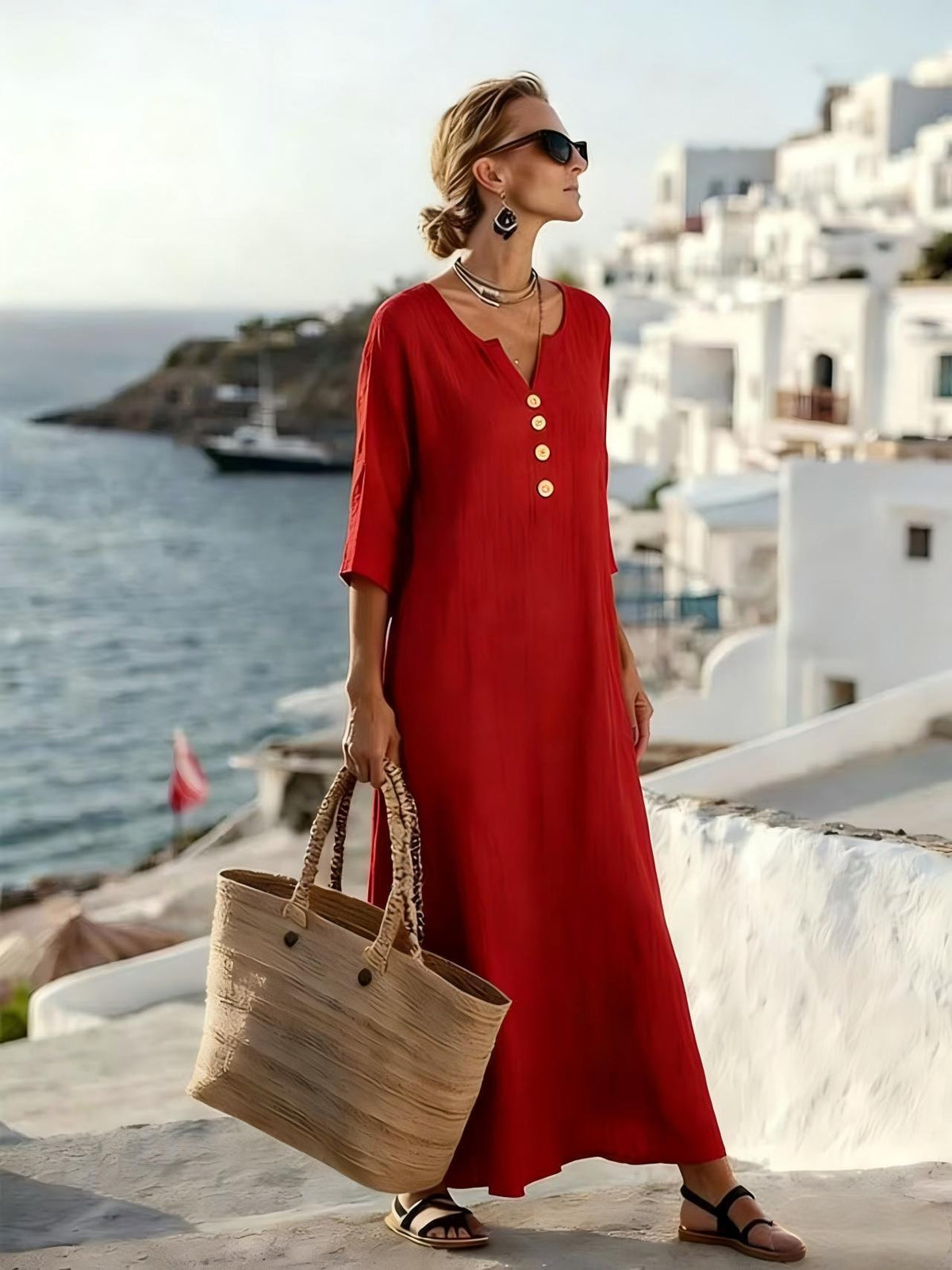 Maxi Dress with Relaxed Fit and 3/4 Sleeves for Women
