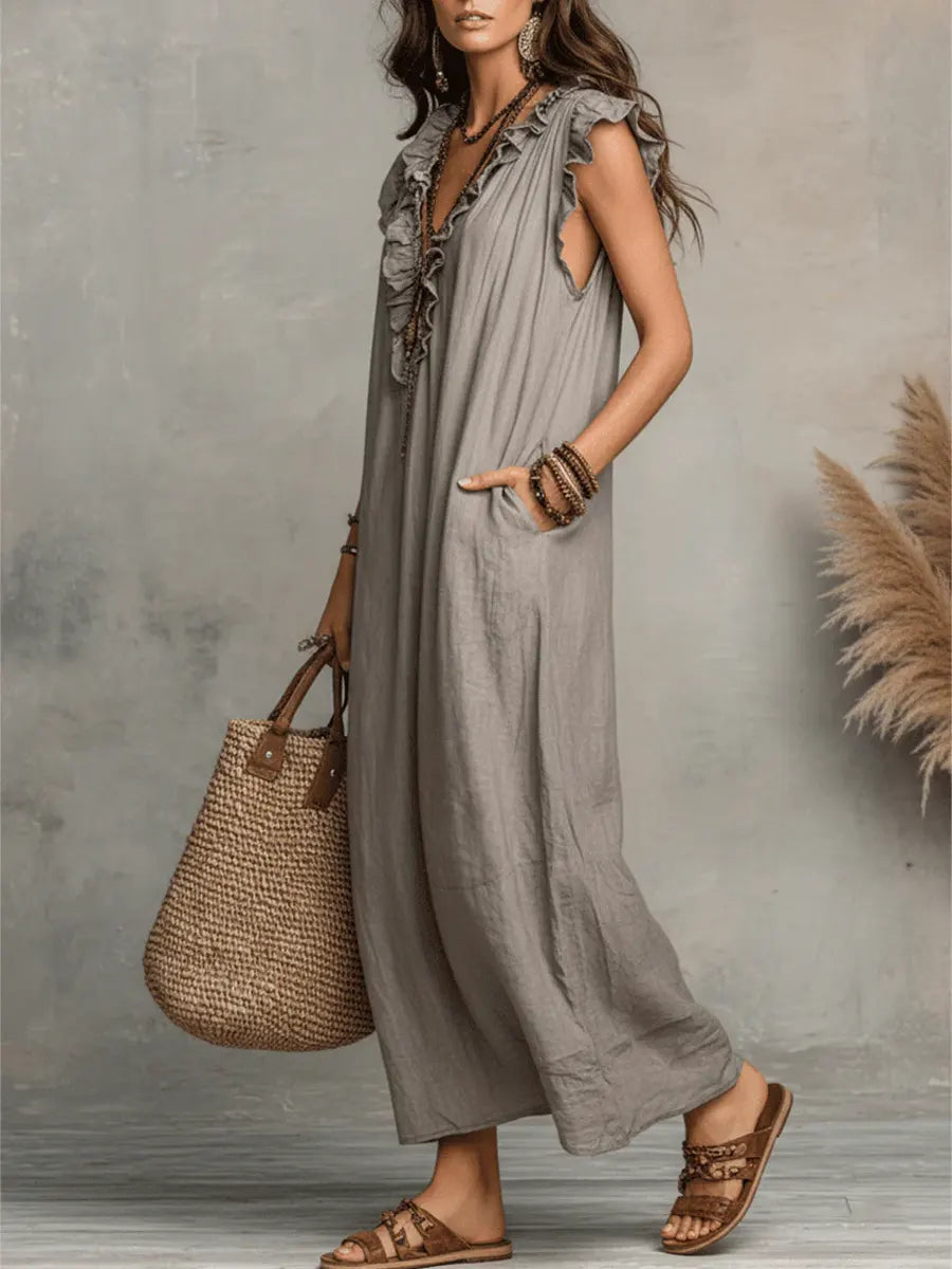 Maxi Dress with Ruffles and Side Pockets for Women