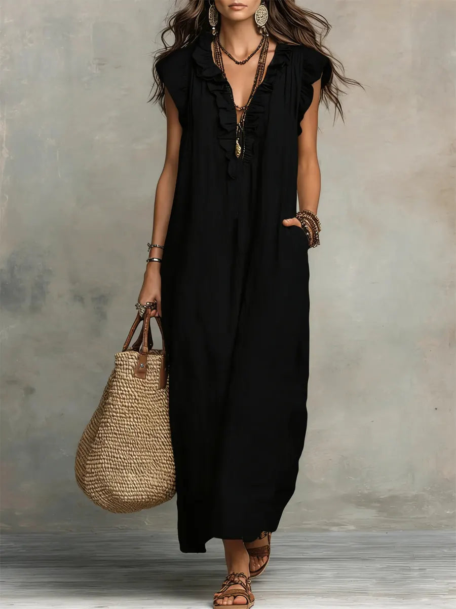 Maxi Dress with Ruffles and Side Pockets for Women