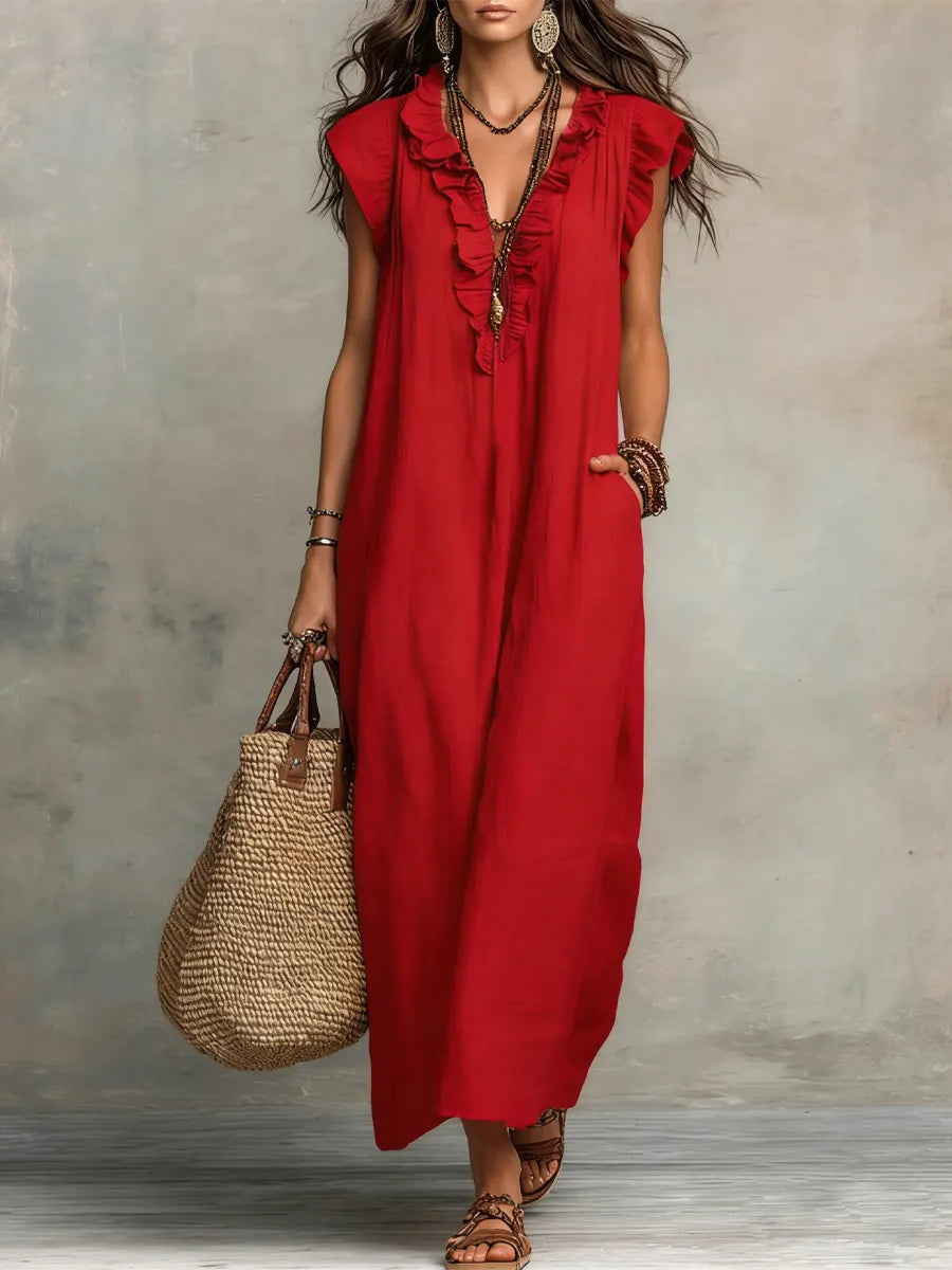 Maxi Dress with Ruffles and Side Pockets for Women