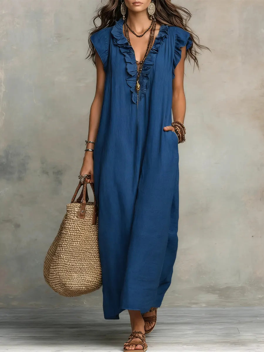 Maxi Dress with Ruffles and Side Pockets for Women