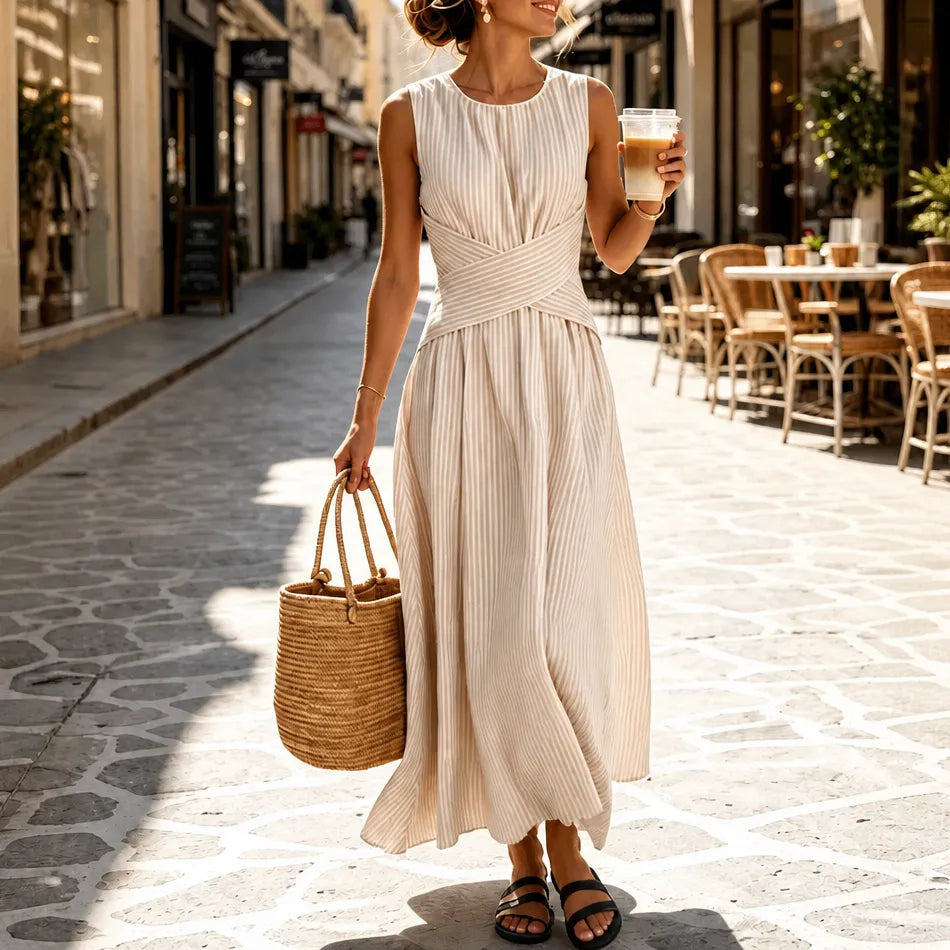 Maxi Dress with Stripes and Sleeveless Wrap Waist Design