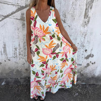 Maxi Dress with Tropical Print and V-Neck for Women
