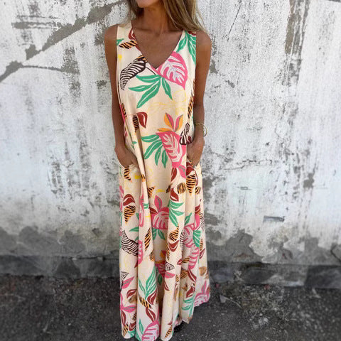 Maxi Dress with Tropical Print and V-Neck for Women