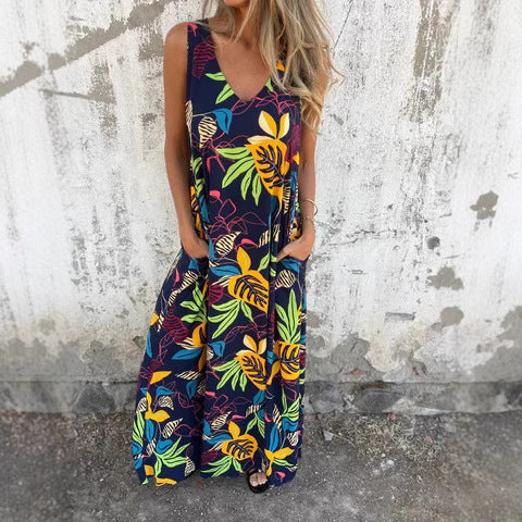 Maxi Dress with Tropical Print and V-Neck for Women