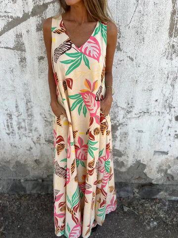 Maxi Dress with Tropical Print and V-Neck for Women
