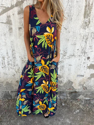 Maxi Dress with Tropical Print and V-Neck for Women