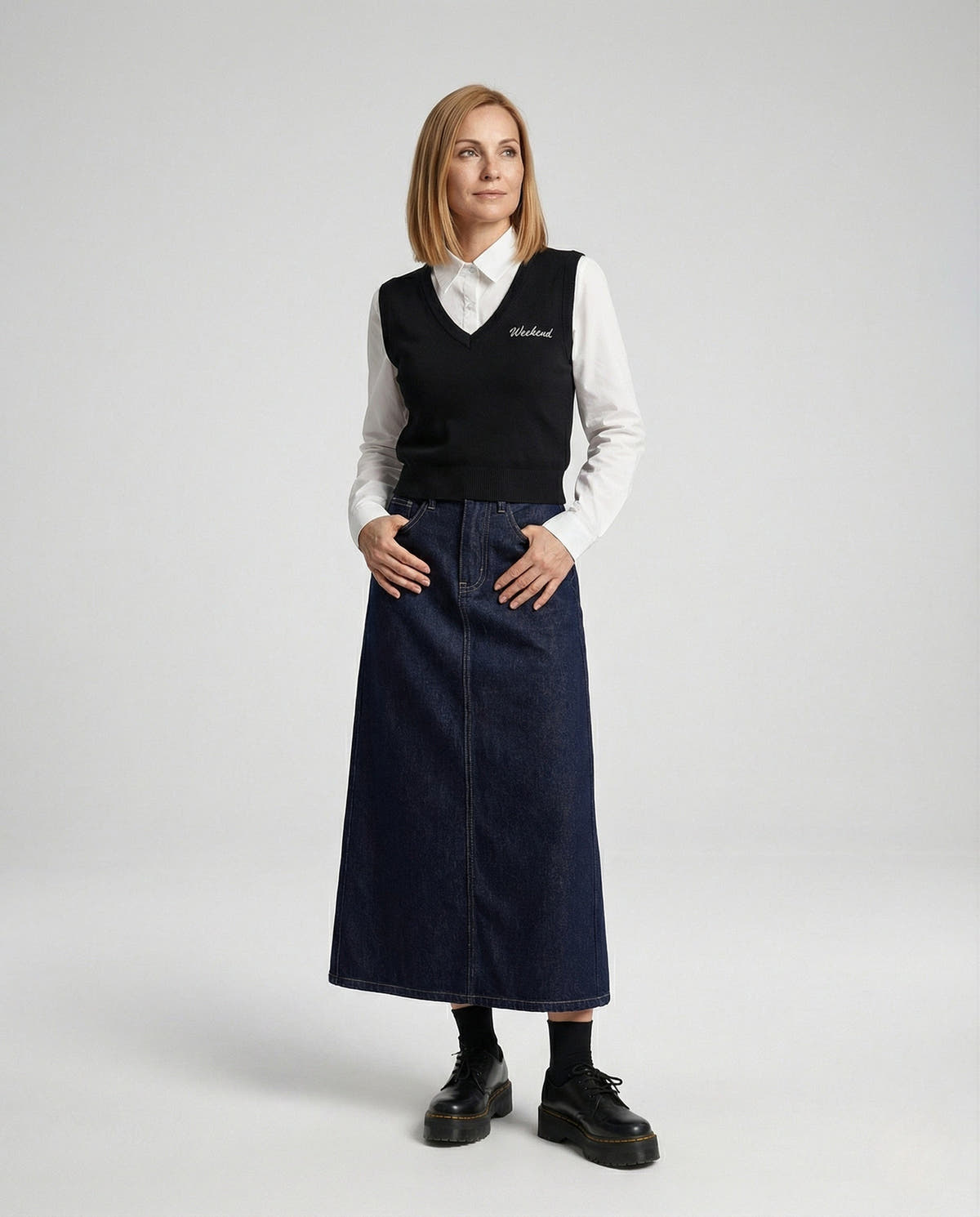Maxi Skirt in Denim with Side Slit and Button Waist for Women