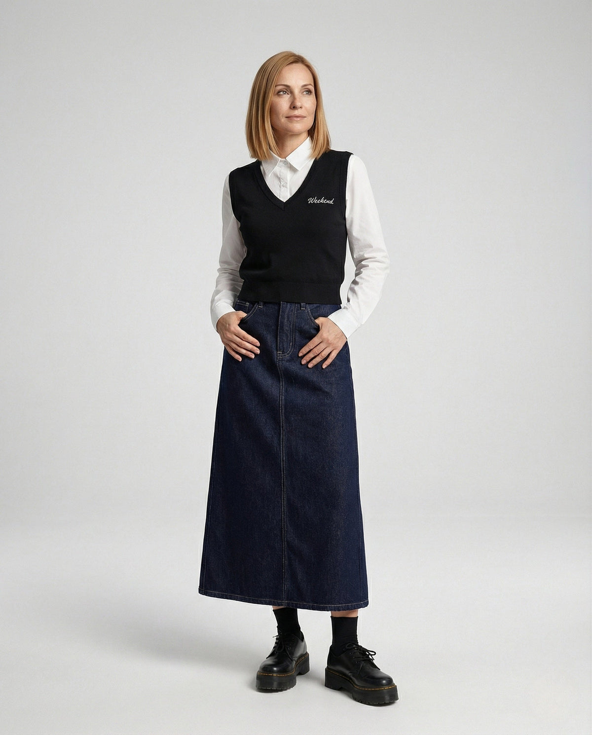 Maxi Skirt in Denim with Side Slit and Button Waist for Women