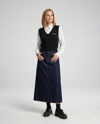 Maxi Skirt in Denim with Side Slit and Button Waist for Women