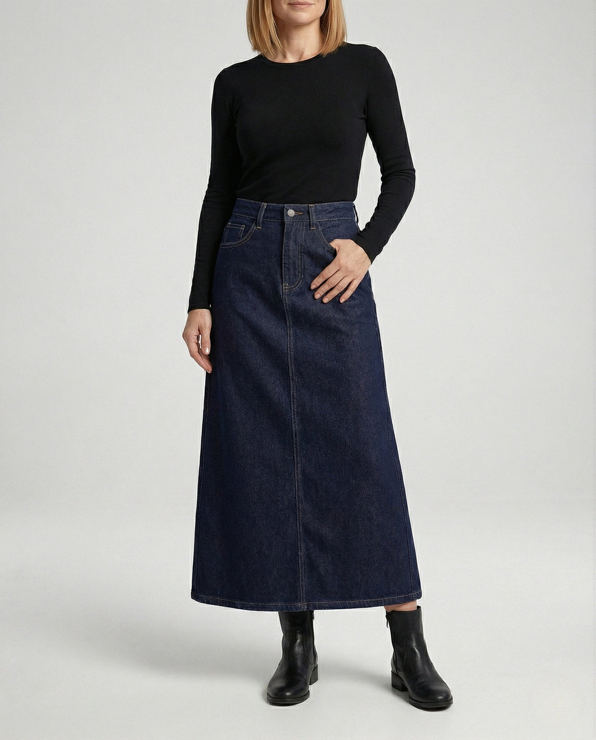 Maxi Skirt in Denim with Side Slit and Button Waist for Women