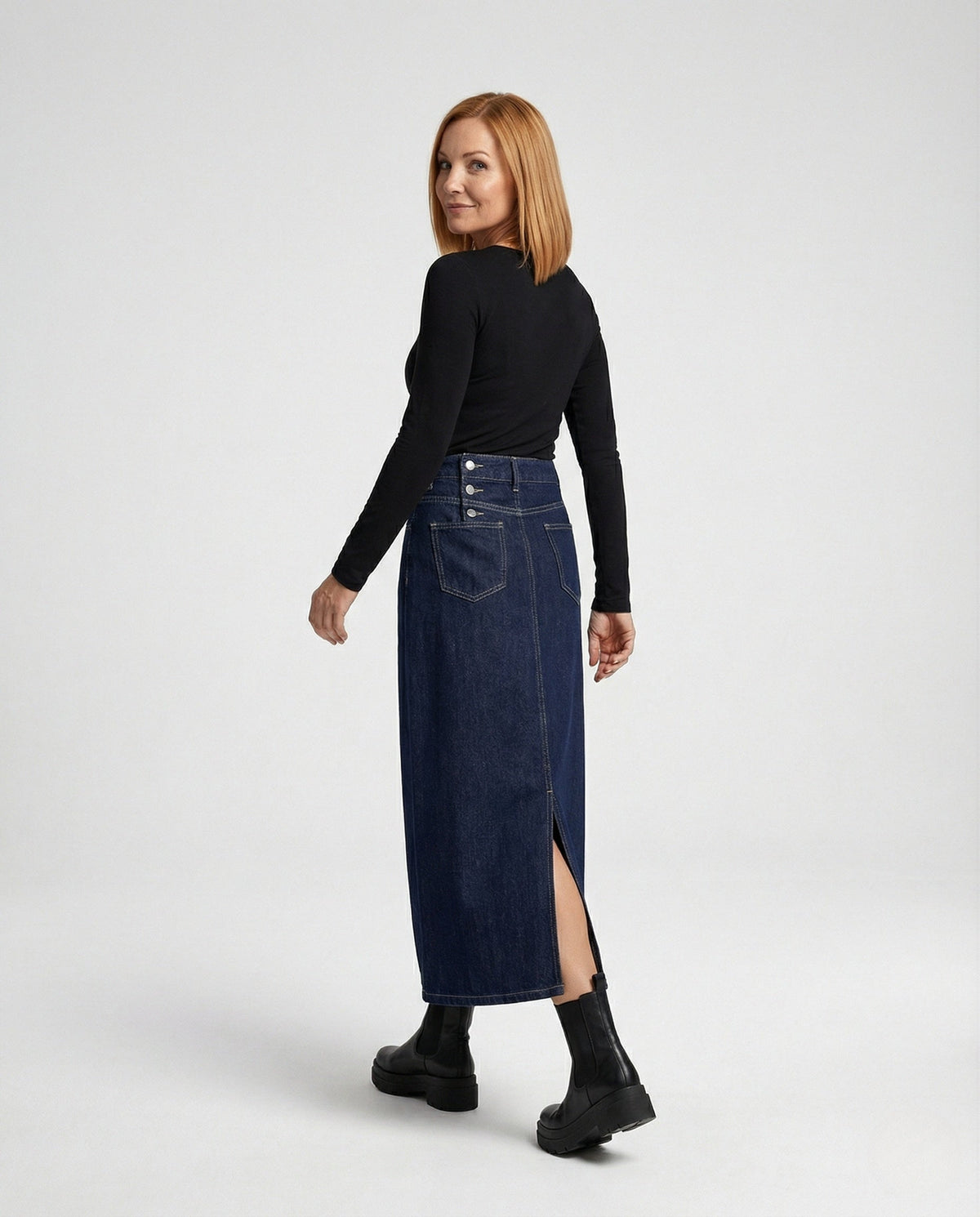 Maxi Skirt in Denim with Side Slit and Button Waist for Women