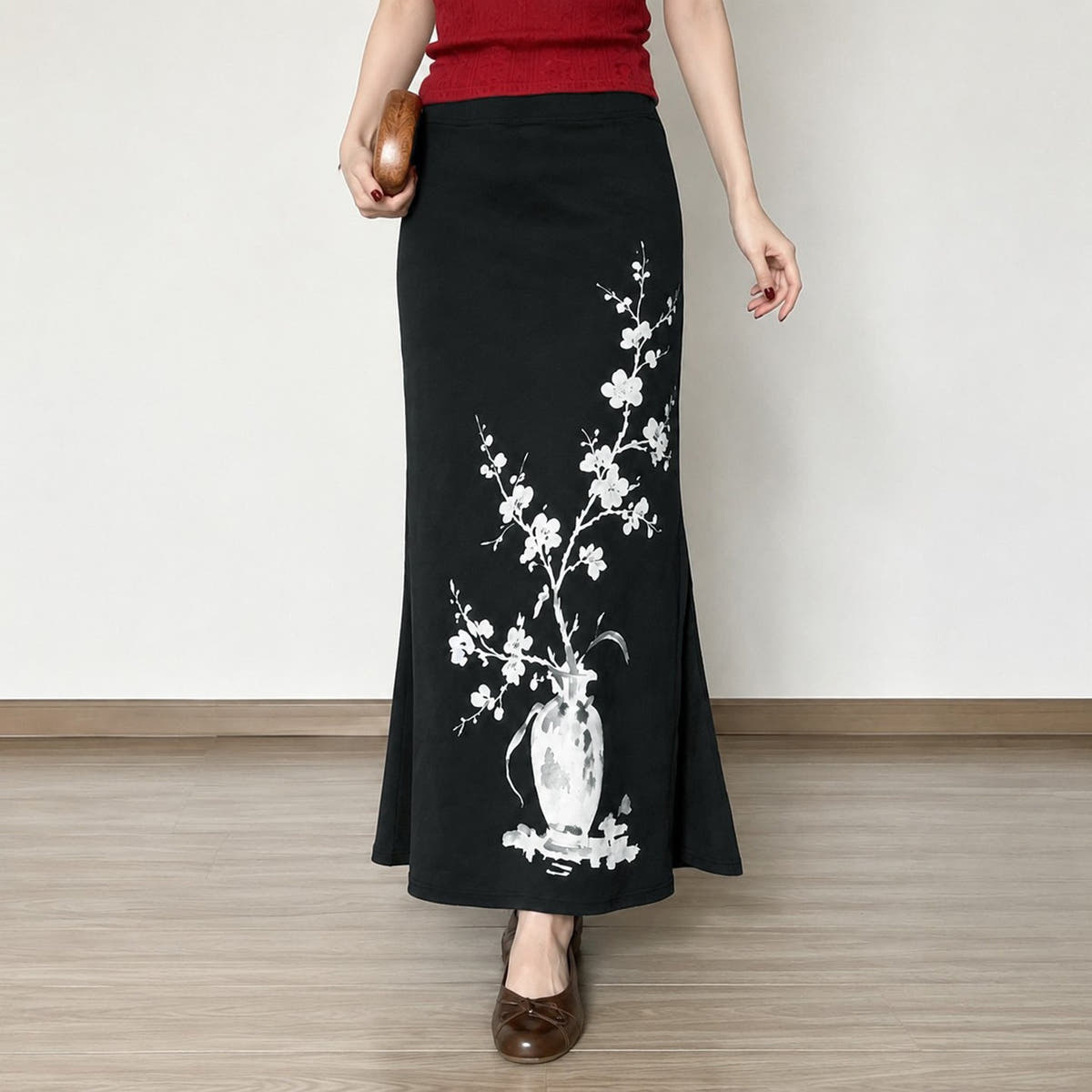 Maxi Skirt with A-Line Cut and Floral Vase Print for Women
