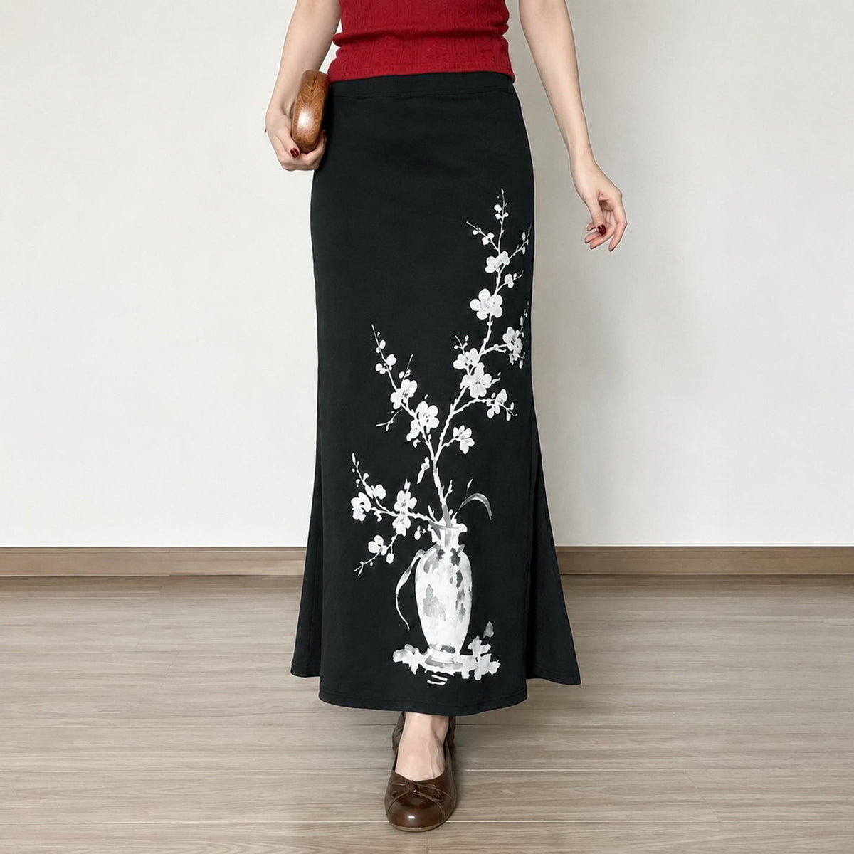 Maxi Skirt with A-Line Cut and Floral Vase Print for Women