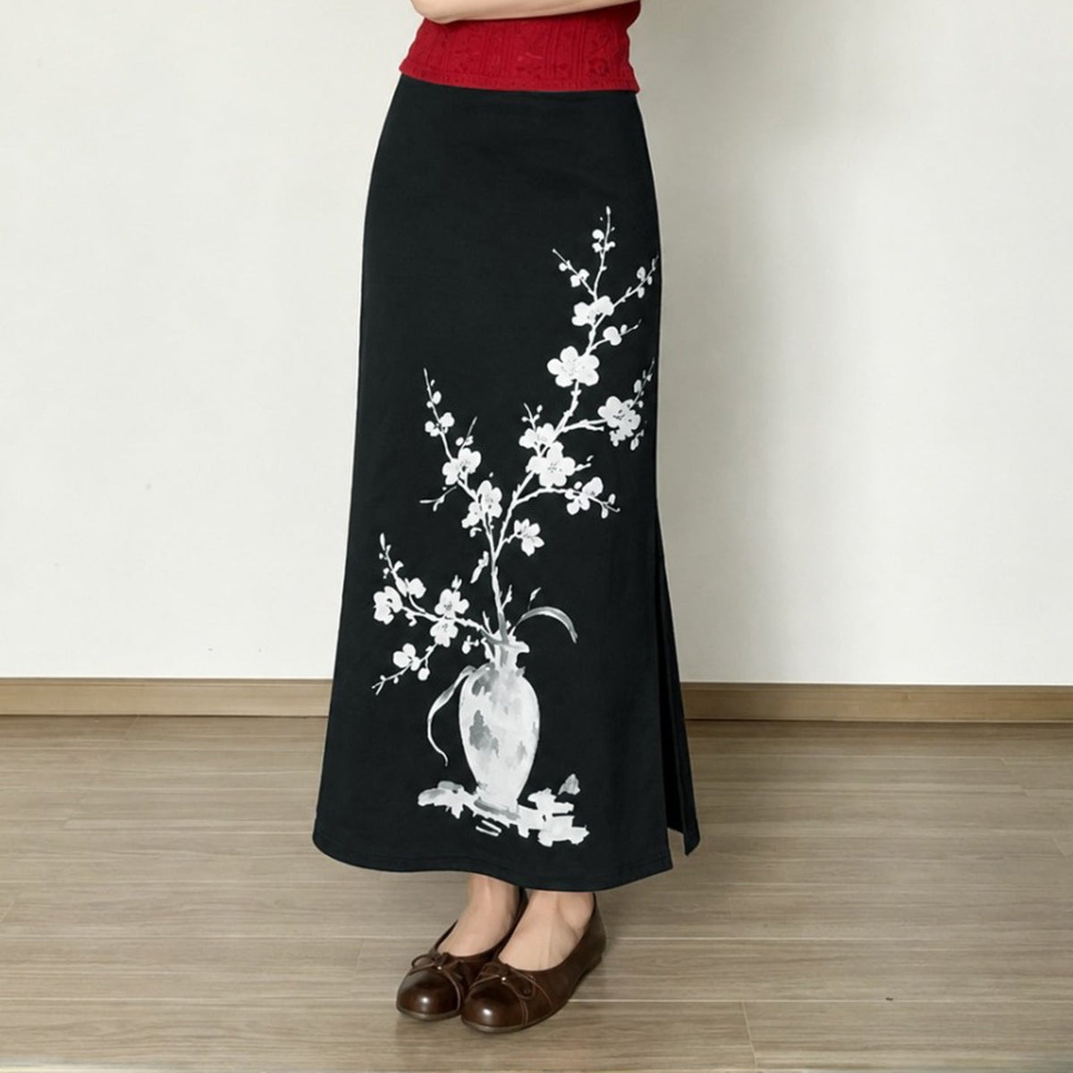 Maxi Skirt with A-Line Cut and Floral Vase Print for Women