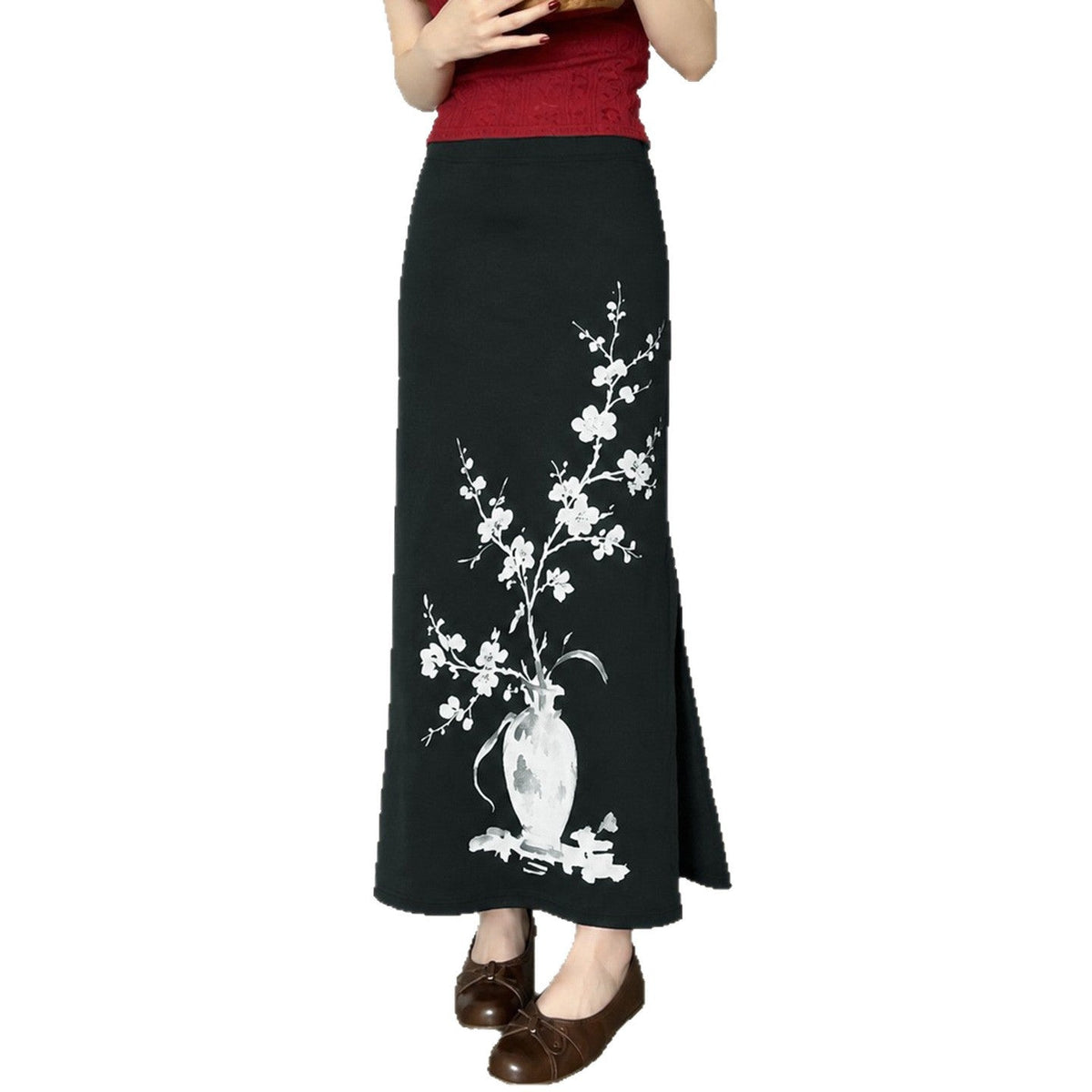 Maxi Skirt with A-Line Cut and Floral Vase Print for Women