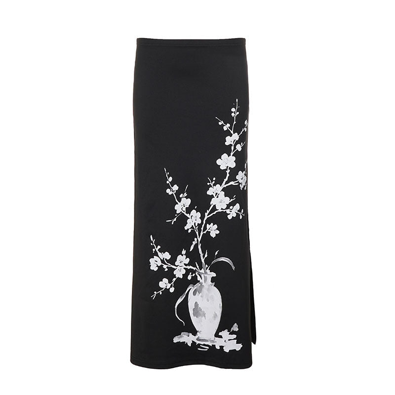 Maxi Skirt with A-Line Cut and Floral Vase Print for Women