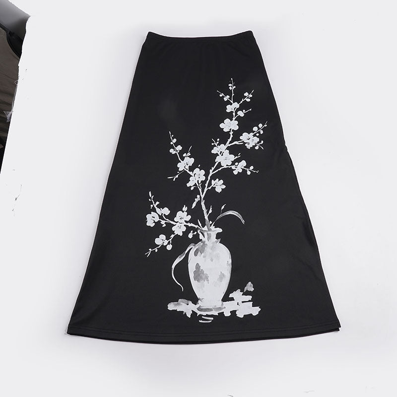 Maxi Skirt with A-Line Cut and Floral Vase Print for Women