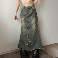Maxi Skirt with Frayed Patches and Diagonal Seams for Women