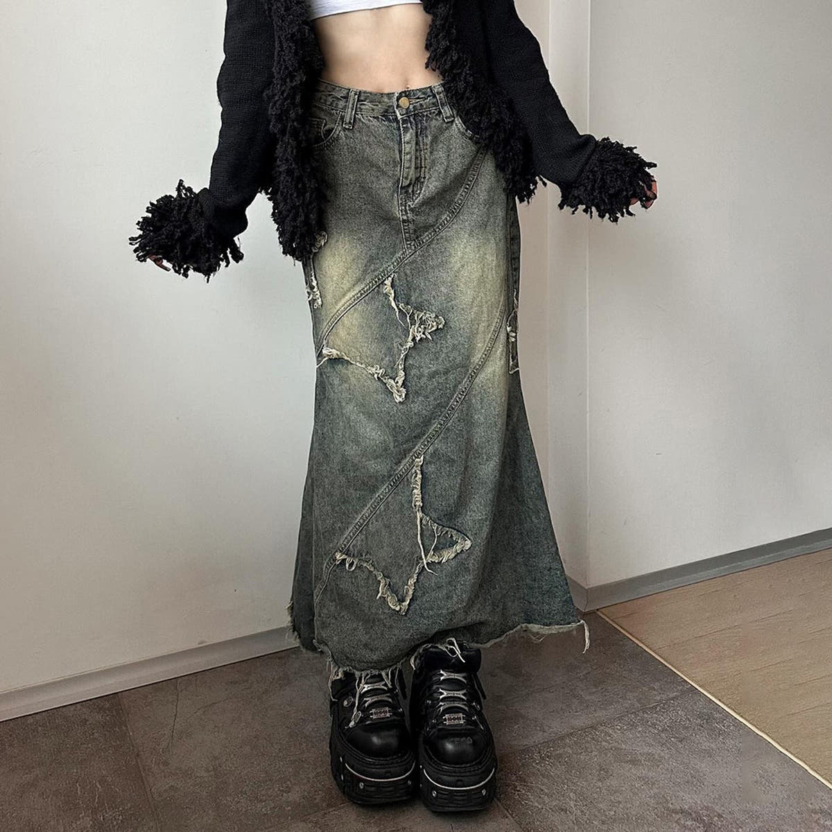 Maxi Skirt with Frayed Patches and Diagonal Seams for Women