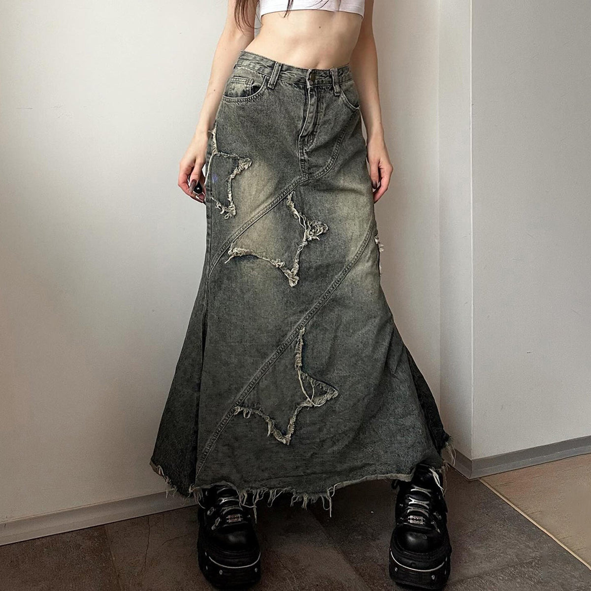 Maxi Skirt with Frayed Patches and Diagonal Seams for Women